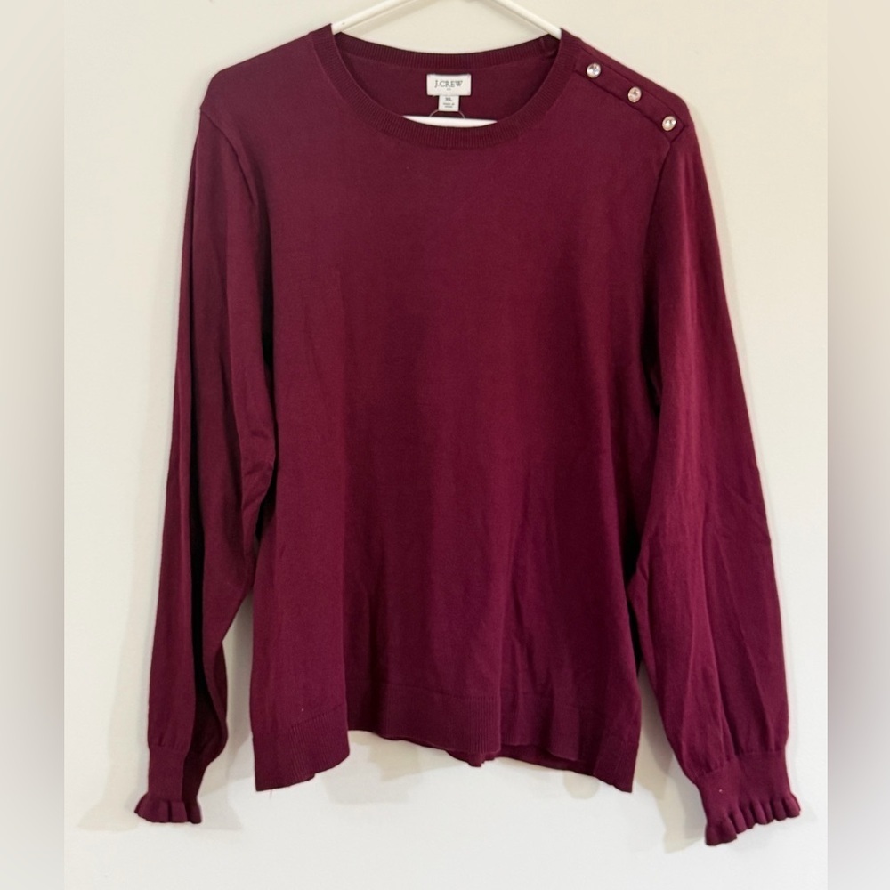 NWT J. Crew 100% Cotton Round Neck Sweater Maroon Button Shoulder Ruffled Preppy - Picture 2 of 12